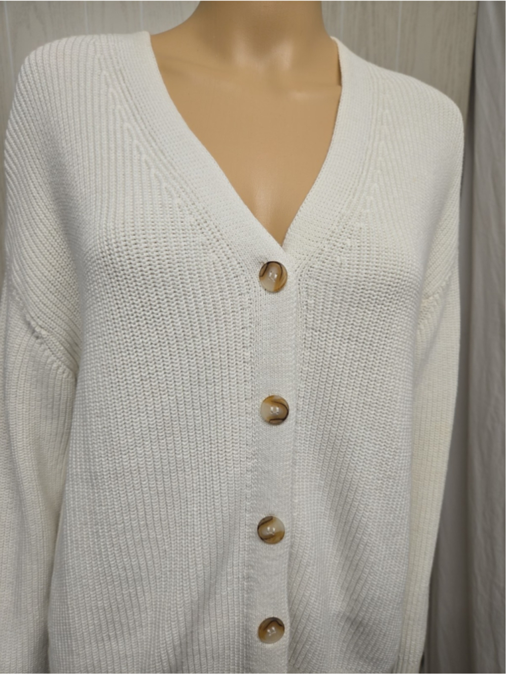 Hudson Medium Cream Oversized Ribbed Cotton Cardigan Tortoiseshell Button - Picture 8 of 9